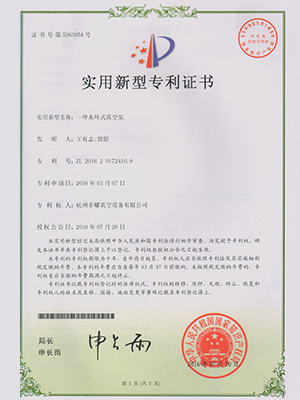 水環式真空泵專利證書